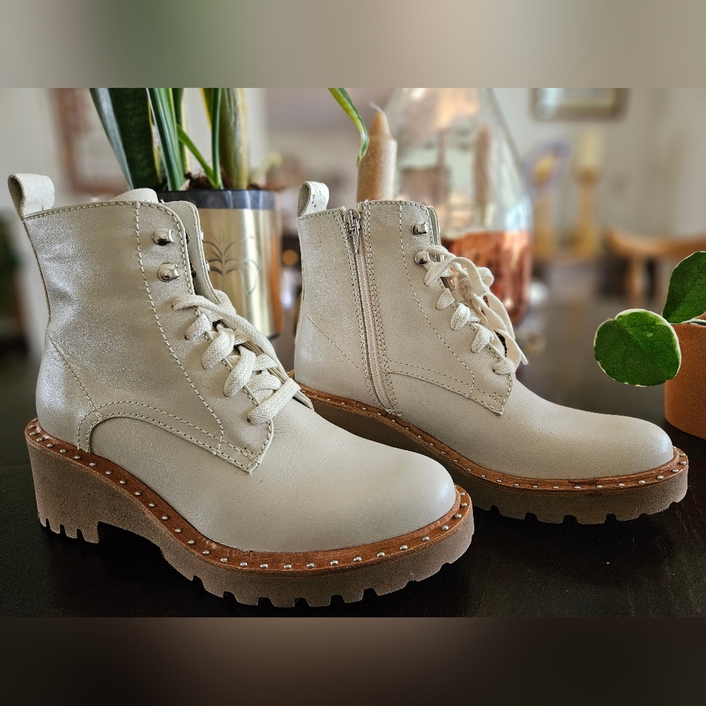 Dolce veta Prym Rhinestone Trim Leather Platform Booties